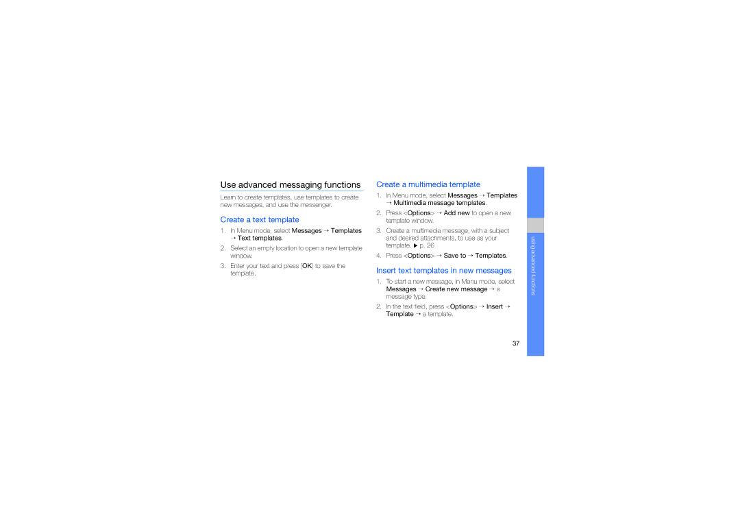 Samsung GH68-23488A manual Use advanced messaging functions, Create a text template, Create a multimedia template 