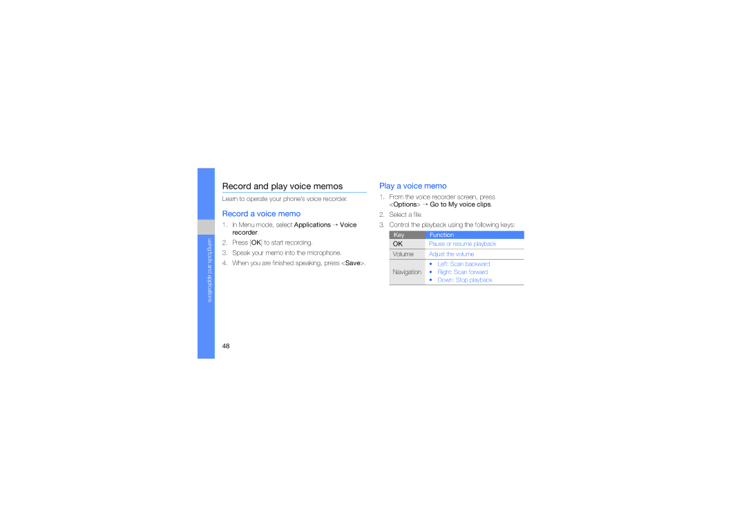 Samsung GH68-23488A manual Record and play voice memos, Record a voice memo, Play a voice memo 