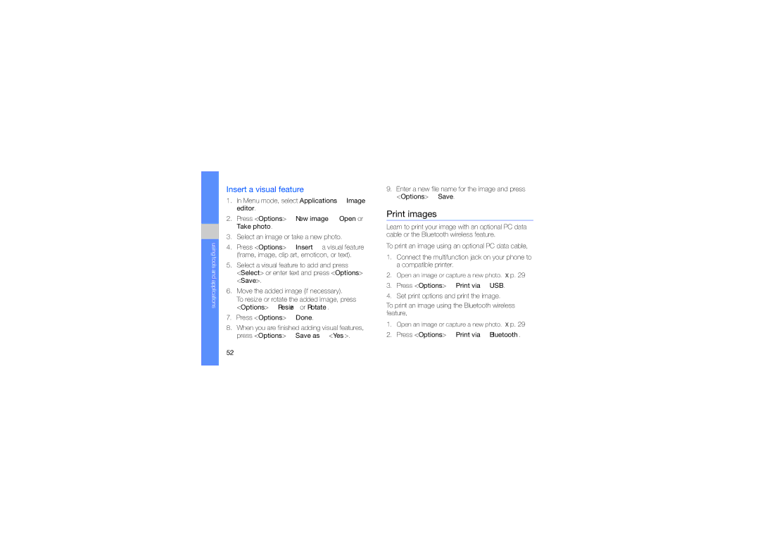 Samsung GH68-23488A manual Print images, Insert a visual feature 