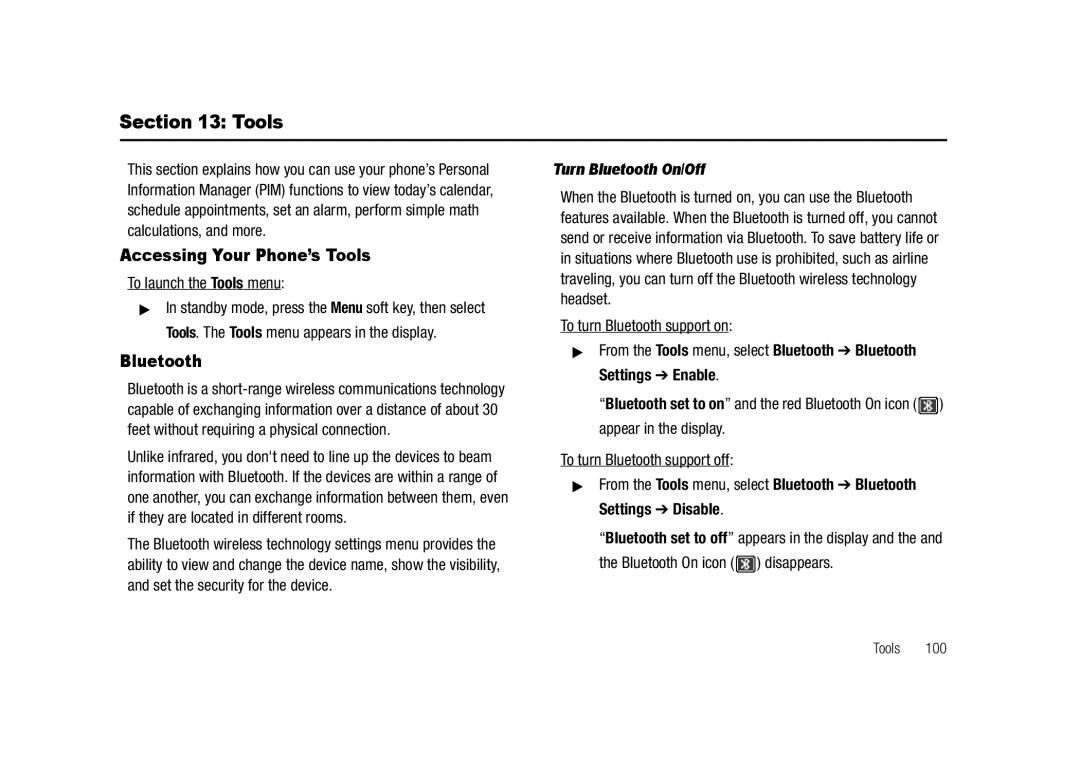 Samsung GH68-23718A user manual Accessing Your Phone’s Tools, Turn Bluetooth On/Off 