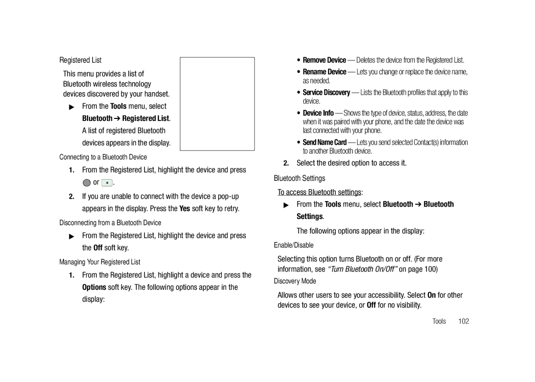 Samsung GH68-23718A user manual Registered List, Select the desired option to access it, Bluetooth Settings 