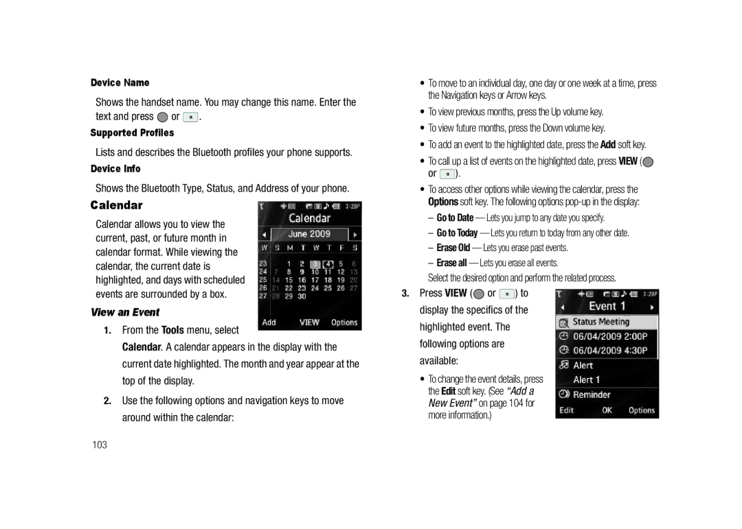 Samsung GH68-23718A user manual Calendar, View an Event, Device Name, Supported Profiles, Device Info 