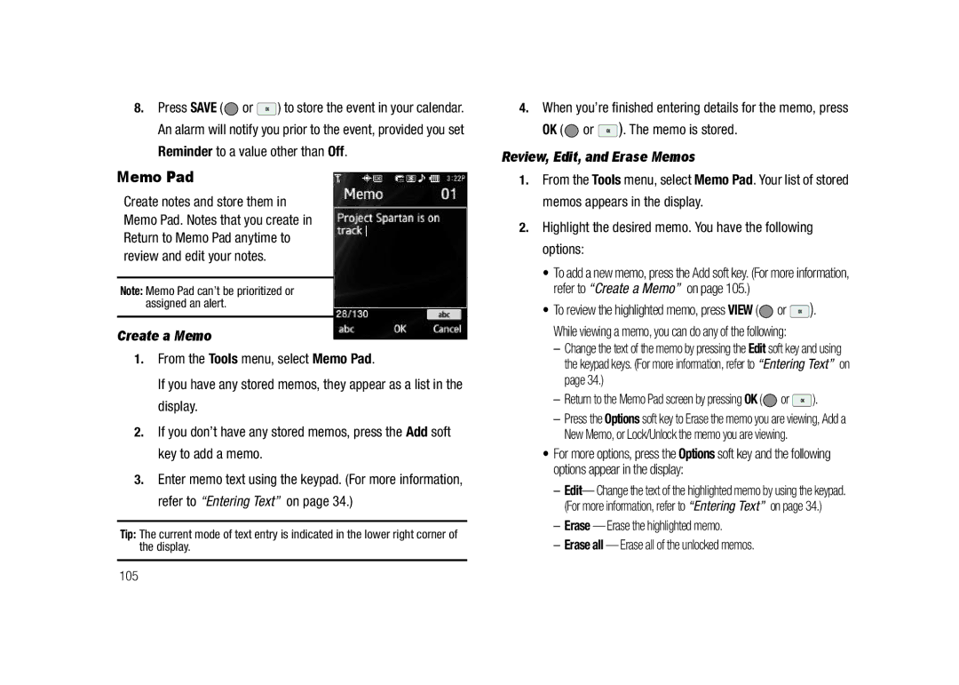 Samsung GH68-23718A user manual Memo Pad, Create a Memo, Review, Edit, and Erase Memos, 105 