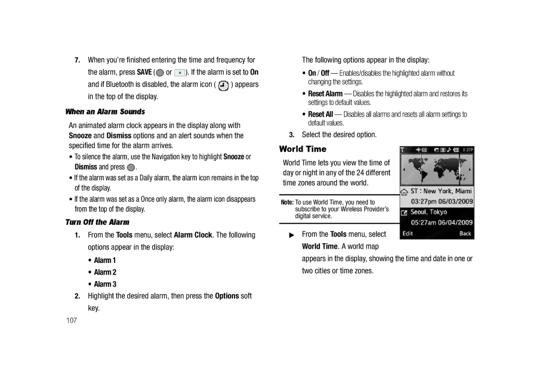 Samsung GH68-23718A user manual World Time, When an Alarm Sounds, Turn Off the Alarm, 107 