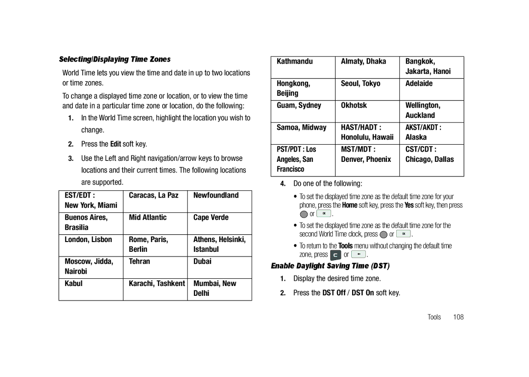 Samsung GH68-23718A user manual Selecting/Displaying Time Zones, Enable Daylight Saving Time DST 