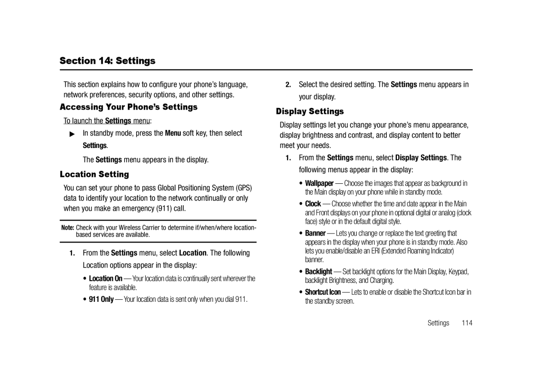 Samsung GH68-23718A user manual Accessing Your Phone’s Settings, Location Setting, Display Settings 