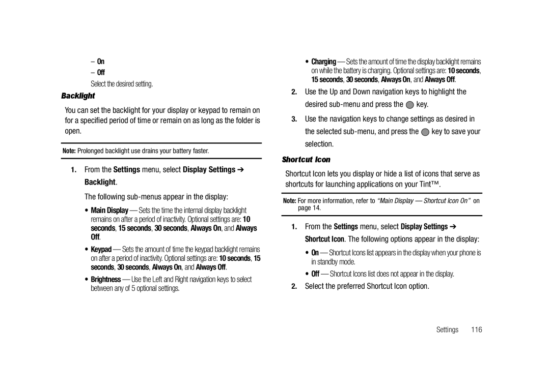 Samsung GH68-23718A user manual From the Settings menu, select Display Settings Backlight, Shortcut Icon 