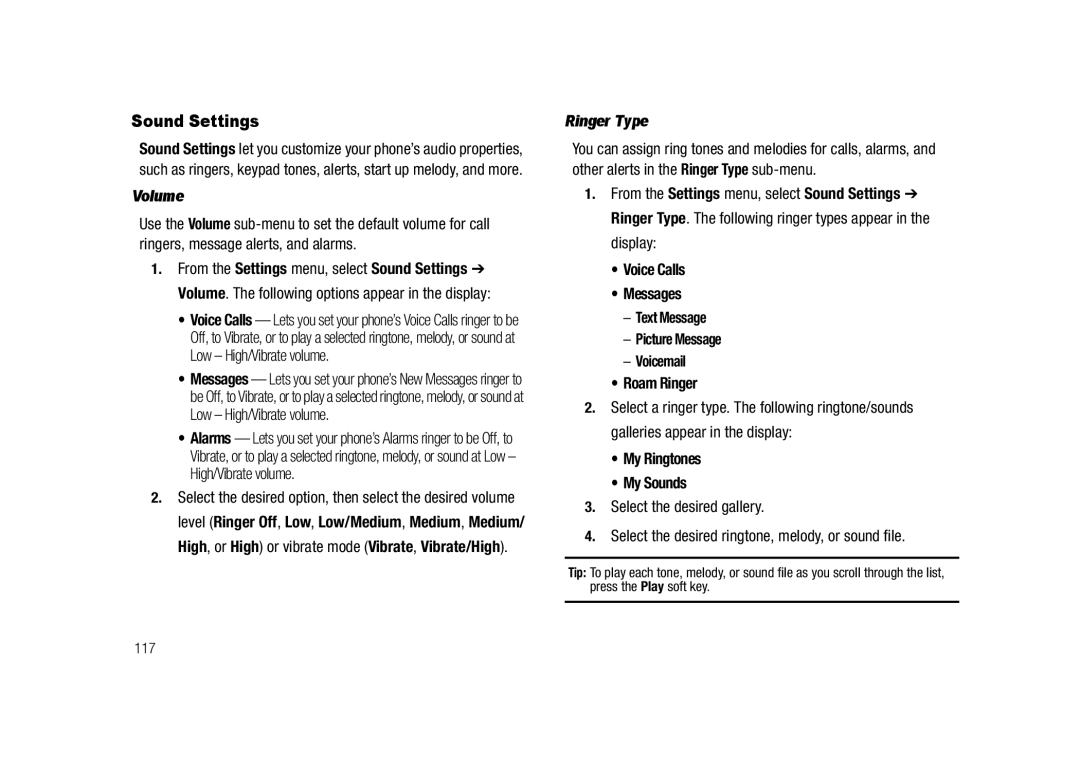 Samsung GH68-23718A user manual Sound Settings, Volume, Ringer Type 