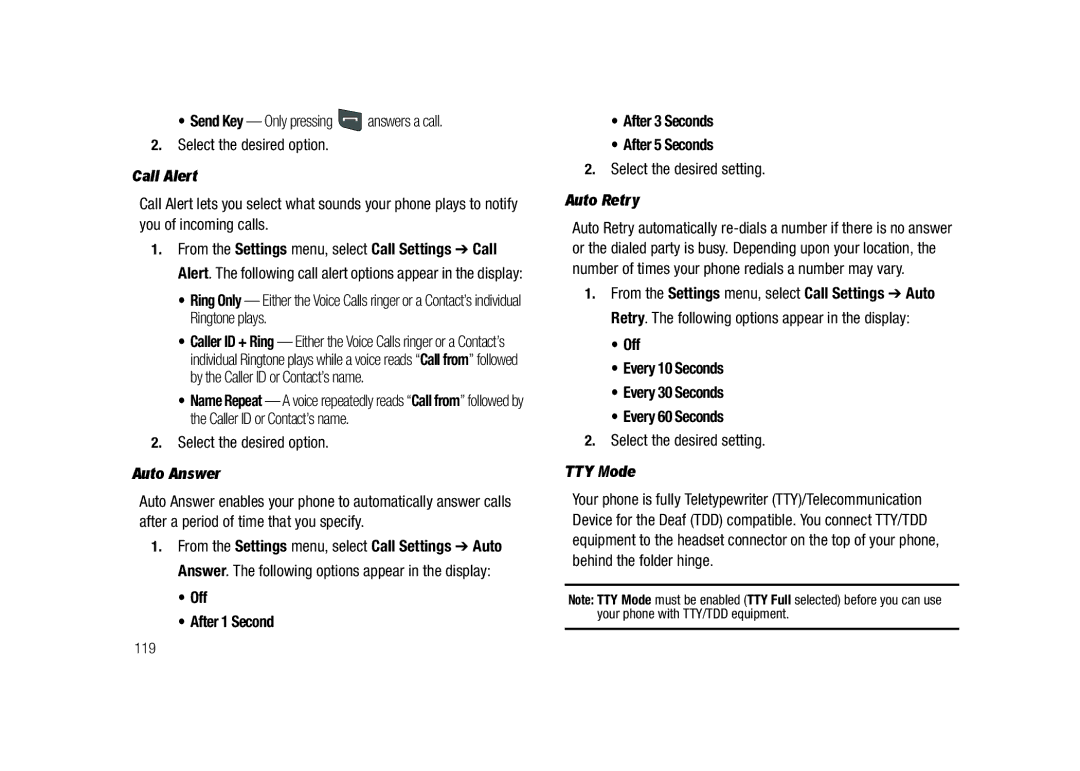 Samsung GH68-23718A user manual Call Alert, Auto Answer, Auto Retry, TTY Mode 