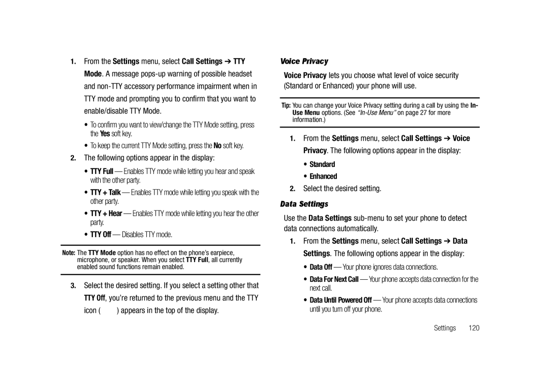 Samsung GH68-23718A user manual Icon appears in the top of the display, Voice Privacy, Standard Enhanced, Data Settings 