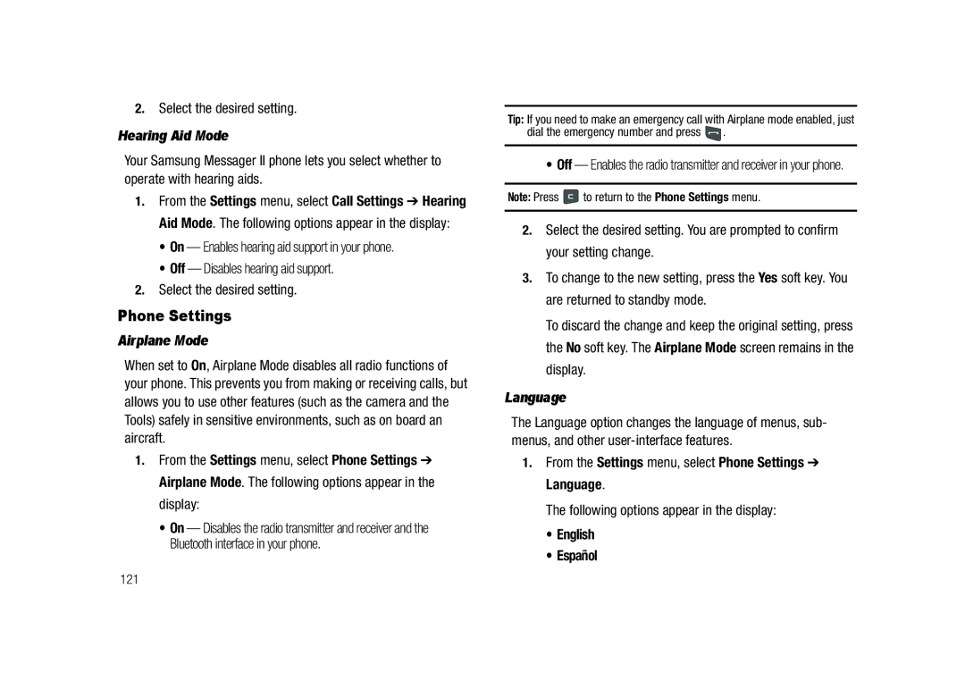 Samsung GH68-23718A user manual Phone Settings, Hearing Aid Mode, Airplane Mode, Language 