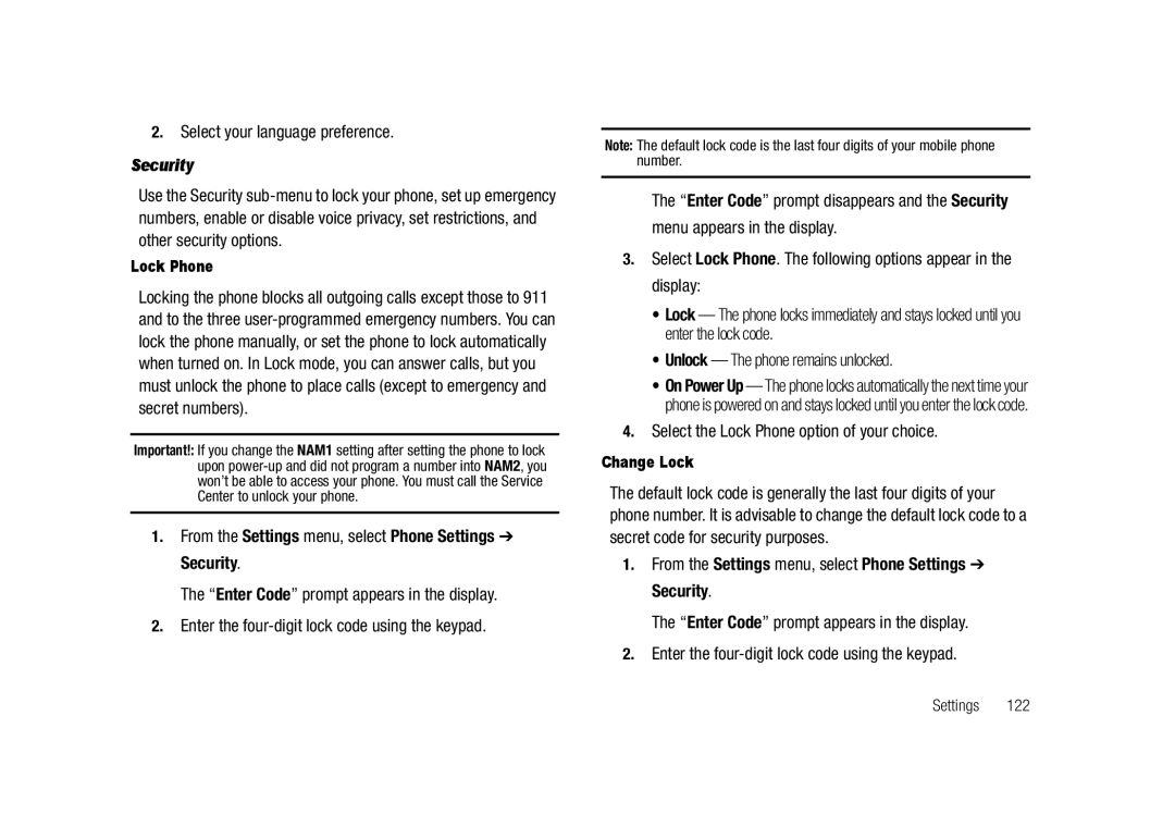 Samsung GH68-23718A user manual Select your language preference, From the Settings menu, select Phone Settings Security 