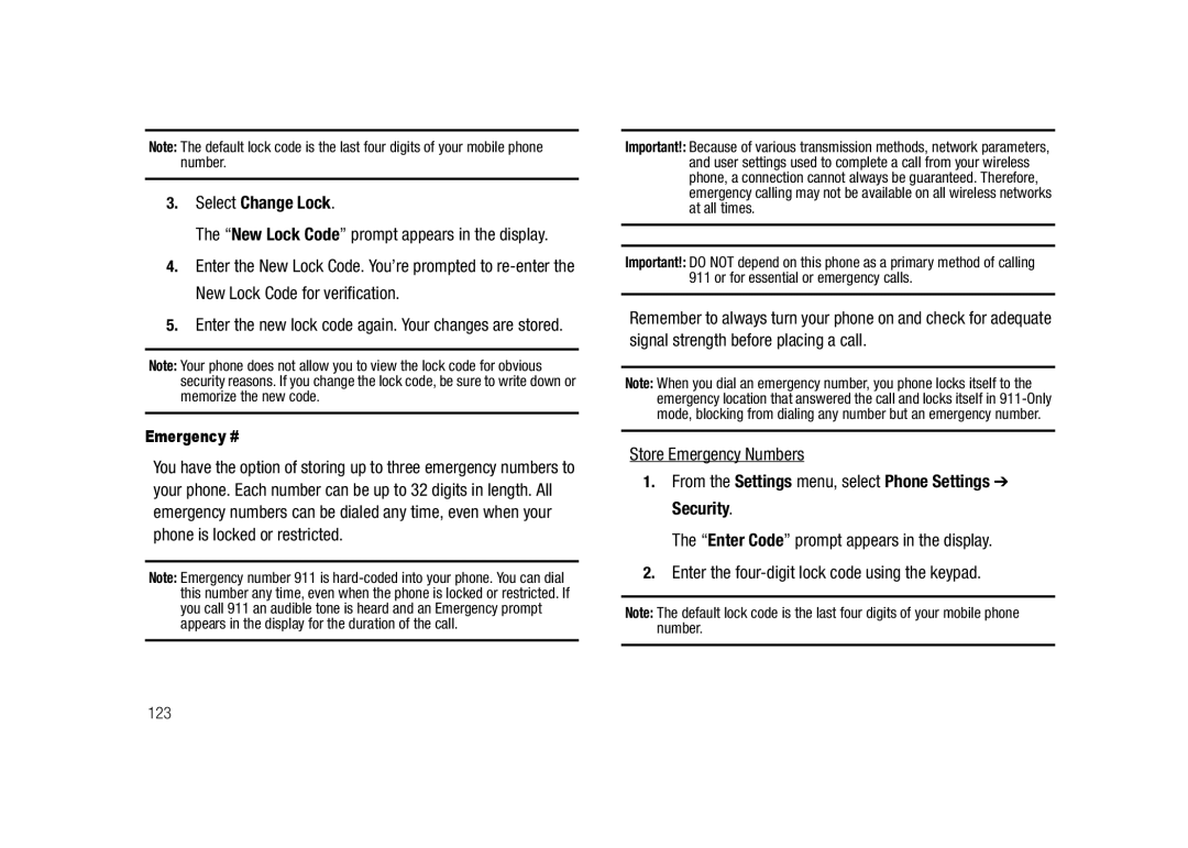 Samsung GH68-23718A user manual Select Change Lock, New Lock Code prompt appears in the display, Emergency #, 123 