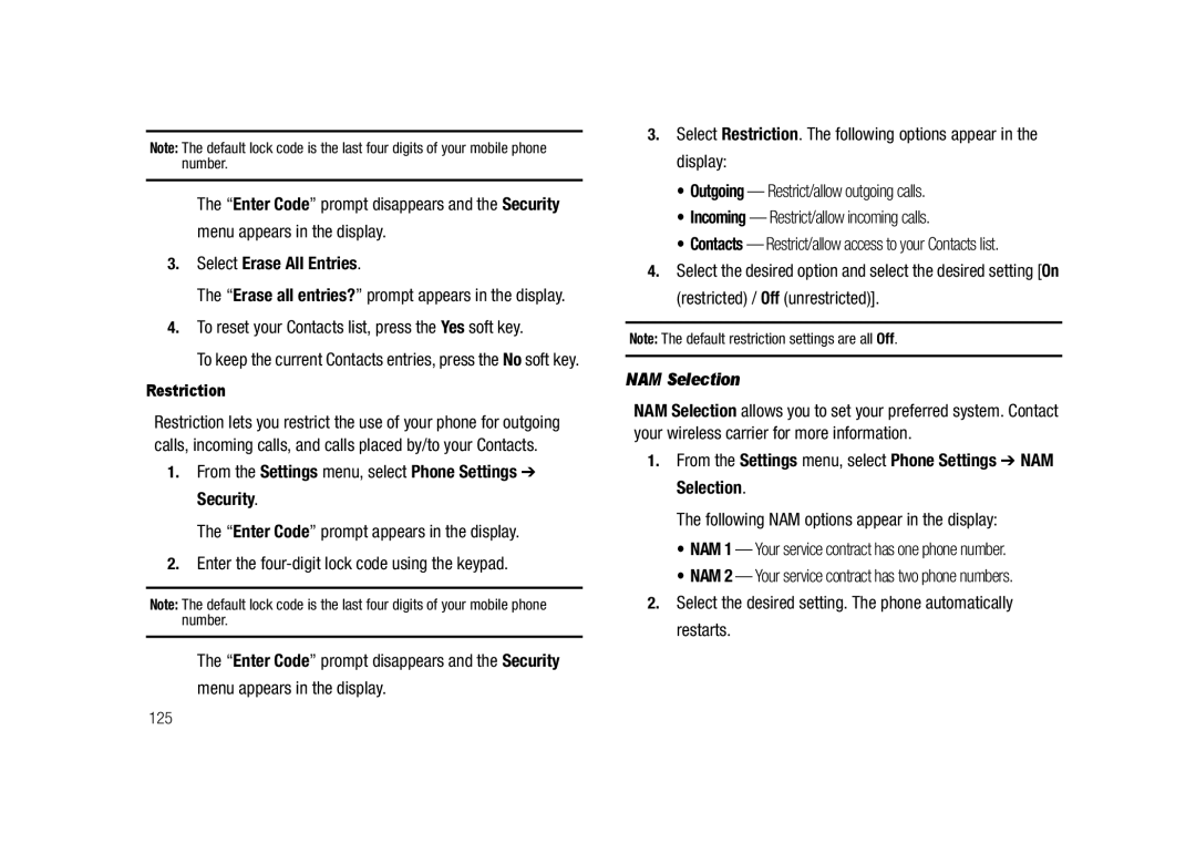 Samsung GH68-23718A user manual Menu appears in the display, Select Erase All Entries, NAM Selection 