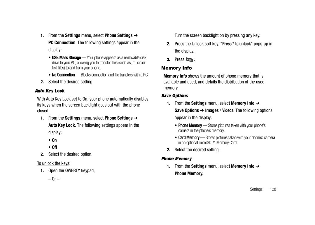 Samsung GH68-23718A user manual Auto Key Lock, Save Options, From the Settings menu, select Memory Info, Phone Memory 