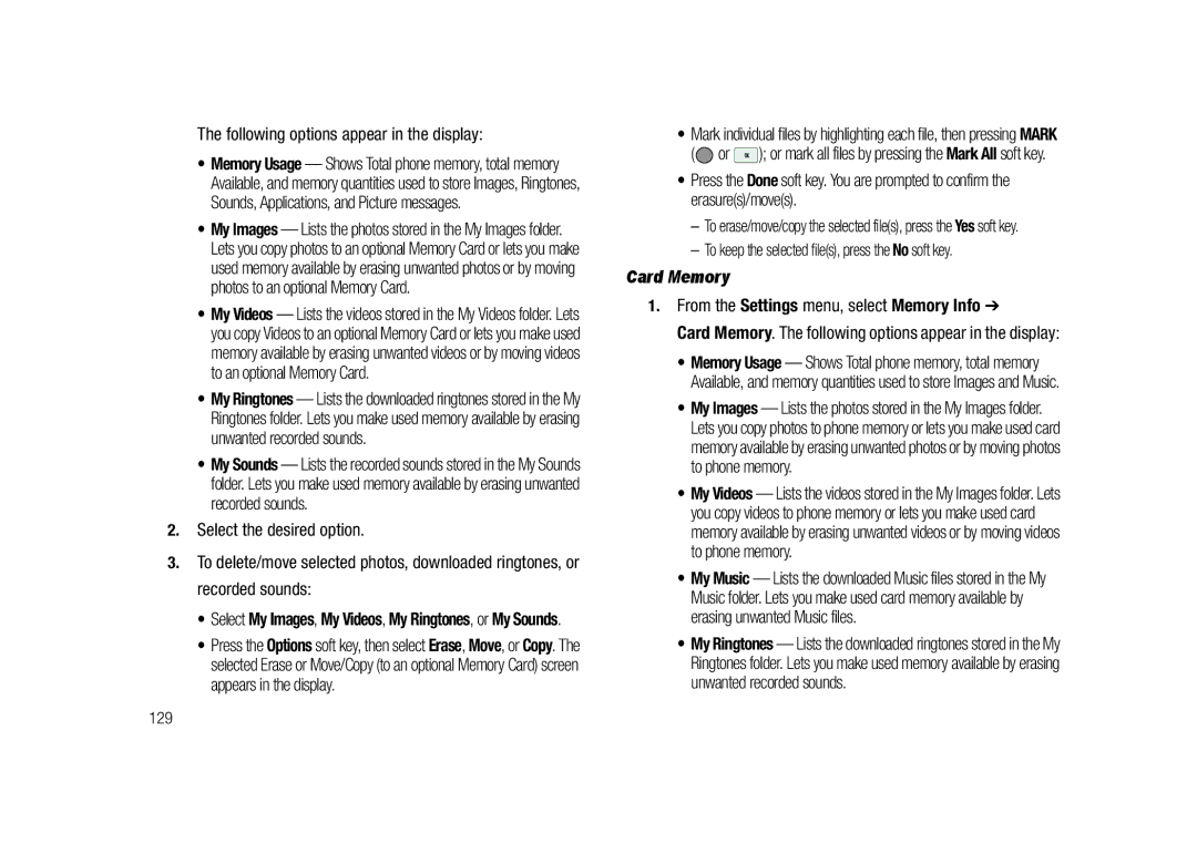 Samsung GH68-23718A user manual Card Memory, To keep the selected files, press the No soft key, 129 