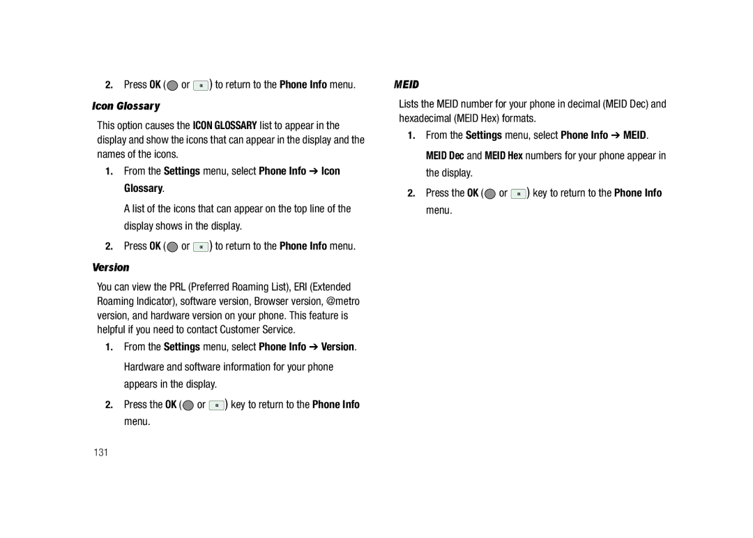 Samsung GH68-23718A user manual From the Settings menu, select Phone Info Icon Glossary, Version 