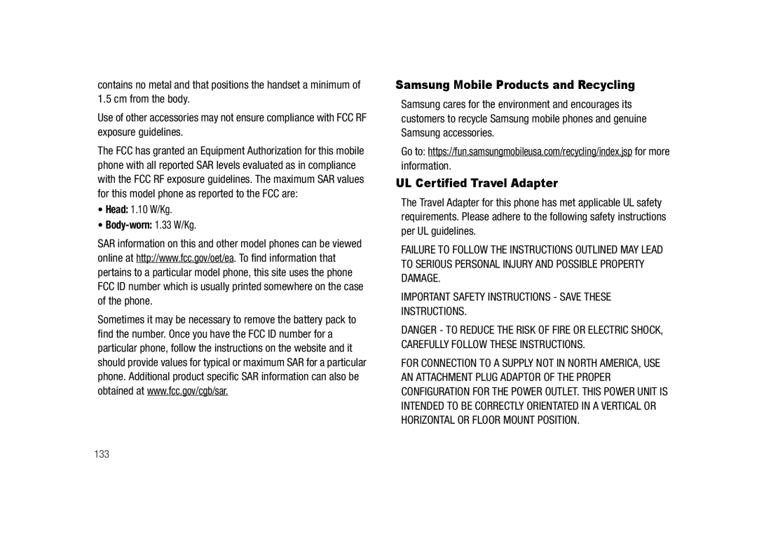 Samsung GH68-23718A user manual Samsung Mobile Products and Recycling, UL Certified Travel Adapter, Head 1.10 W/Kg 