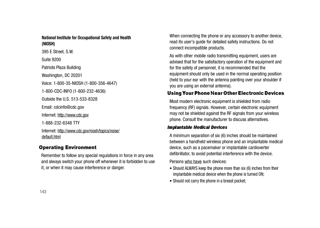 Samsung GH68-23718A user manual Operating Environment, National Institute for Occupational Safety and Health Niosh 