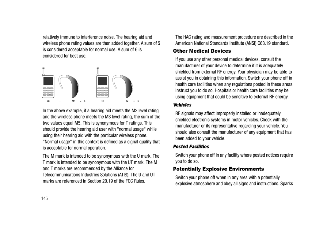 Samsung GH68-23718A user manual Other Medical Devices, Potentially Explosive Environments, Vehicles, Posted Facilities, 145 