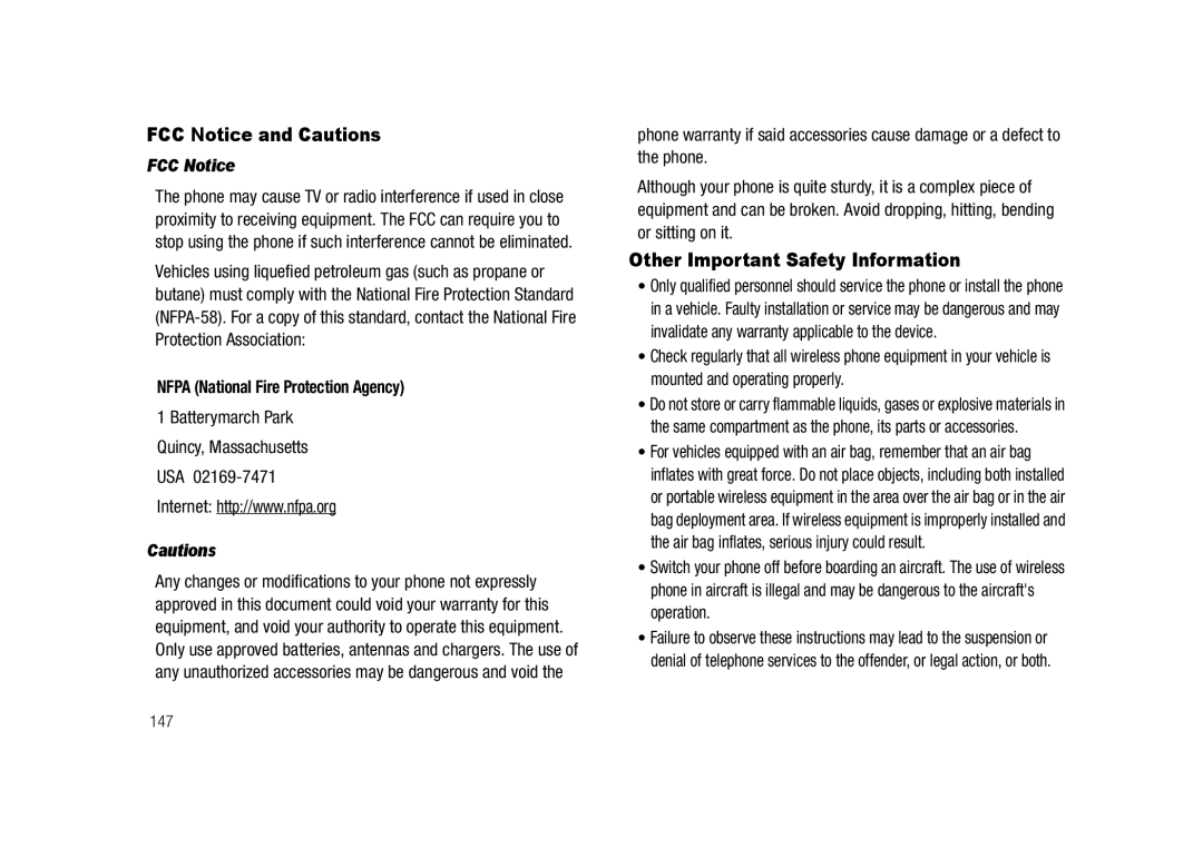 Samsung GH68-23718A FCC Notice and Cautions, Other Important Safety Information, Nfpa National Fire Protection Agency 