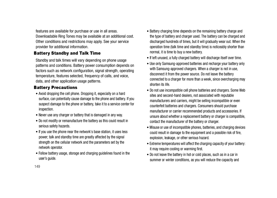 Samsung GH68-23718A user manual Battery Standby and Talk Time, Battery Precautions, 149 