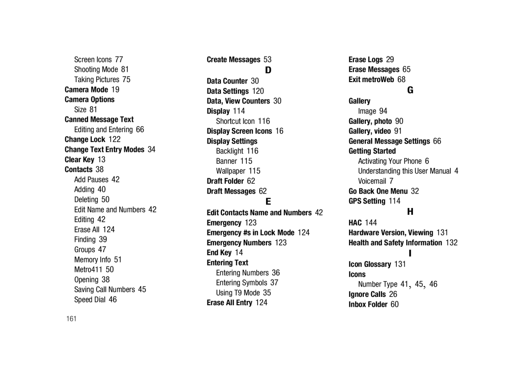 Samsung GH68-23718A user manual Camera Mode Camera Options, Canned Message Text, Display Screen Icons Display Settings 