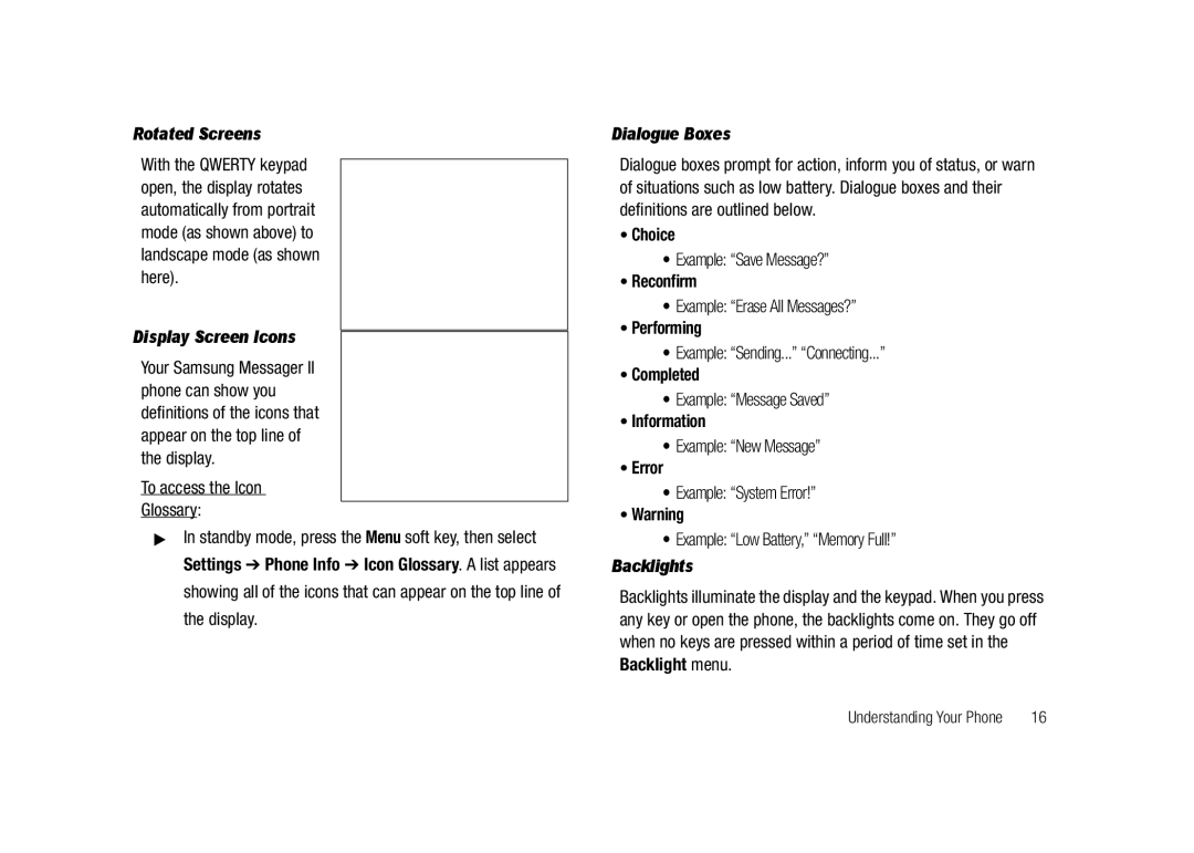 Samsung GH68-23718A user manual Rotated Screens, Display Screen Icons, Dialogue Boxes, Backlights 