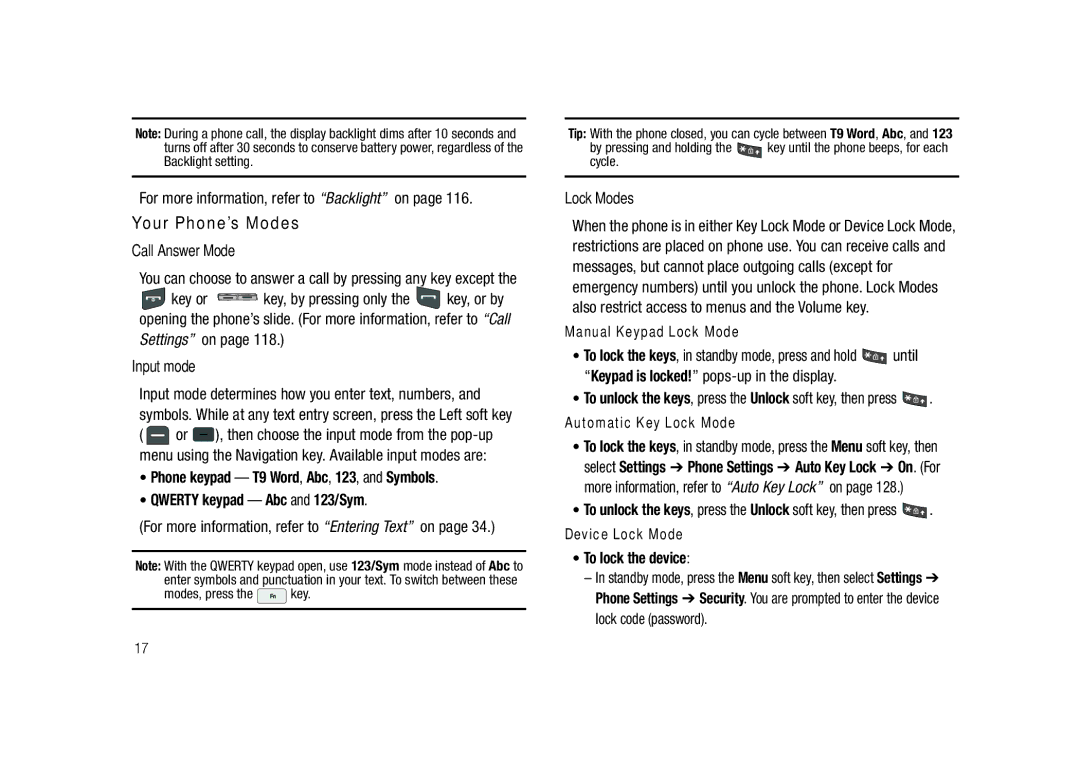 Samsung GH68-23718A user manual Your Phone’s Modes, Call Answer Mode, Input mode, Lock Modes, To lock the device 