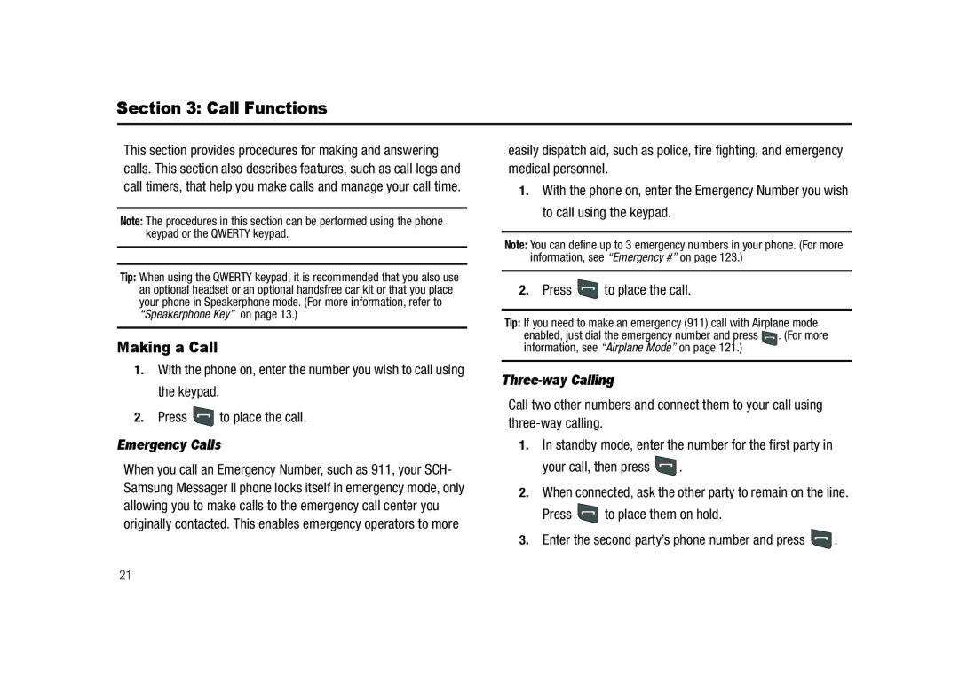 Samsung GH68-23718A user manual Call Functions, Making a Call, Emergency Calls, Three-way Calling 