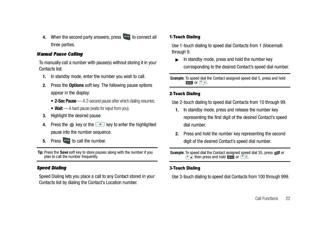 Samsung GH68-23718A user manual Manual Pause Calling, Speed Dialing, Touch Dialing 