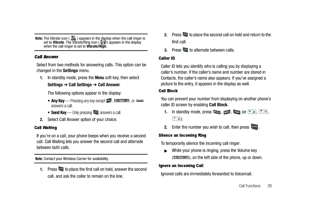 Samsung GH68-23718A user manual Call Answer, Ignored calls are immediately forwarded to Voicemail 