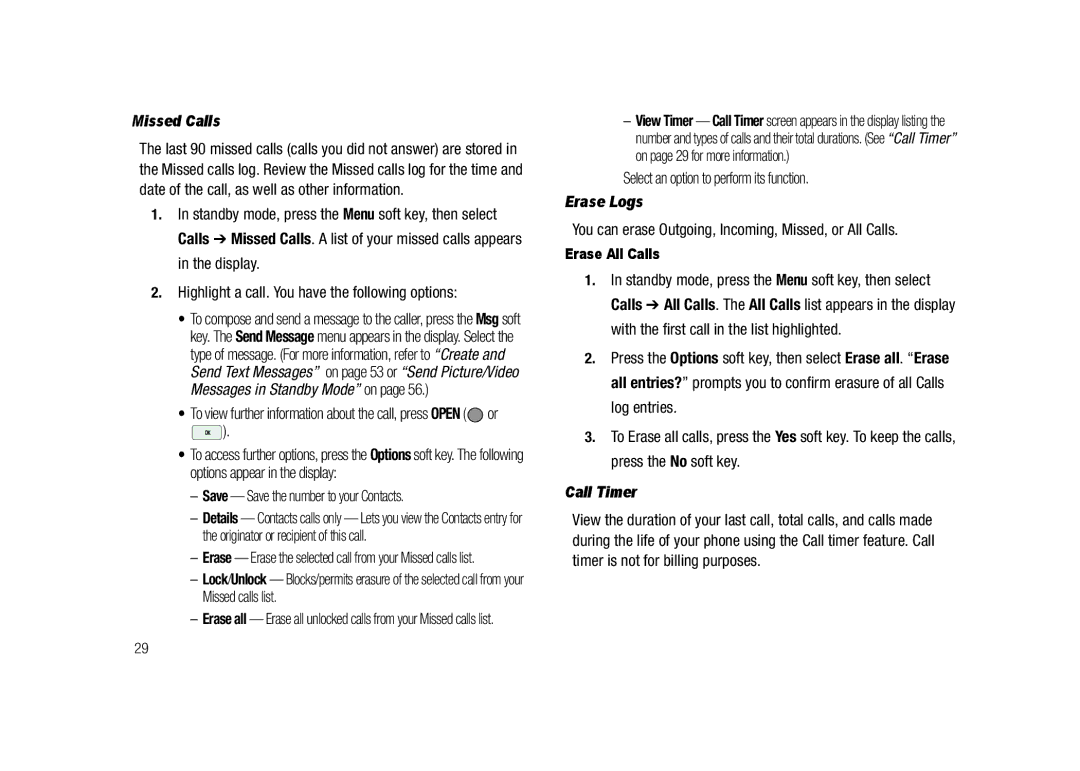 Samsung GH68-23718A Missed Calls, Erase Logs, You can erase Outgoing, Incoming, Missed, or All Calls, Call Timer 
