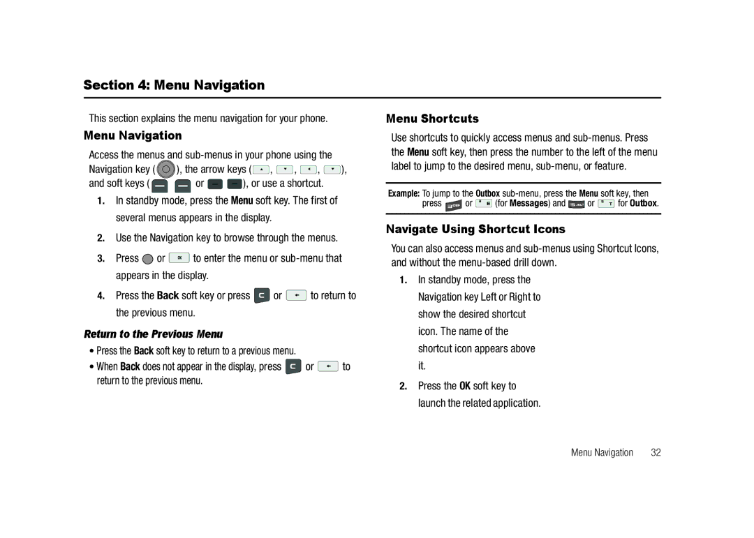 Samsung GH68-23718A user manual Menu Navigation, Menu Shortcuts, Navigate Using Shortcut Icons, Return to the Previous Menu 