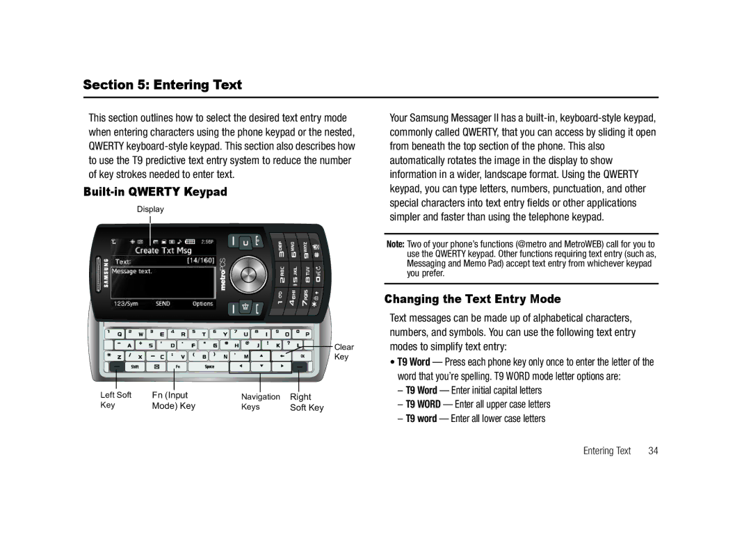 Samsung GH68-23718A user manual Entering Text, Built-in Qwerty Keypad, Changing the Text Entry Mode 