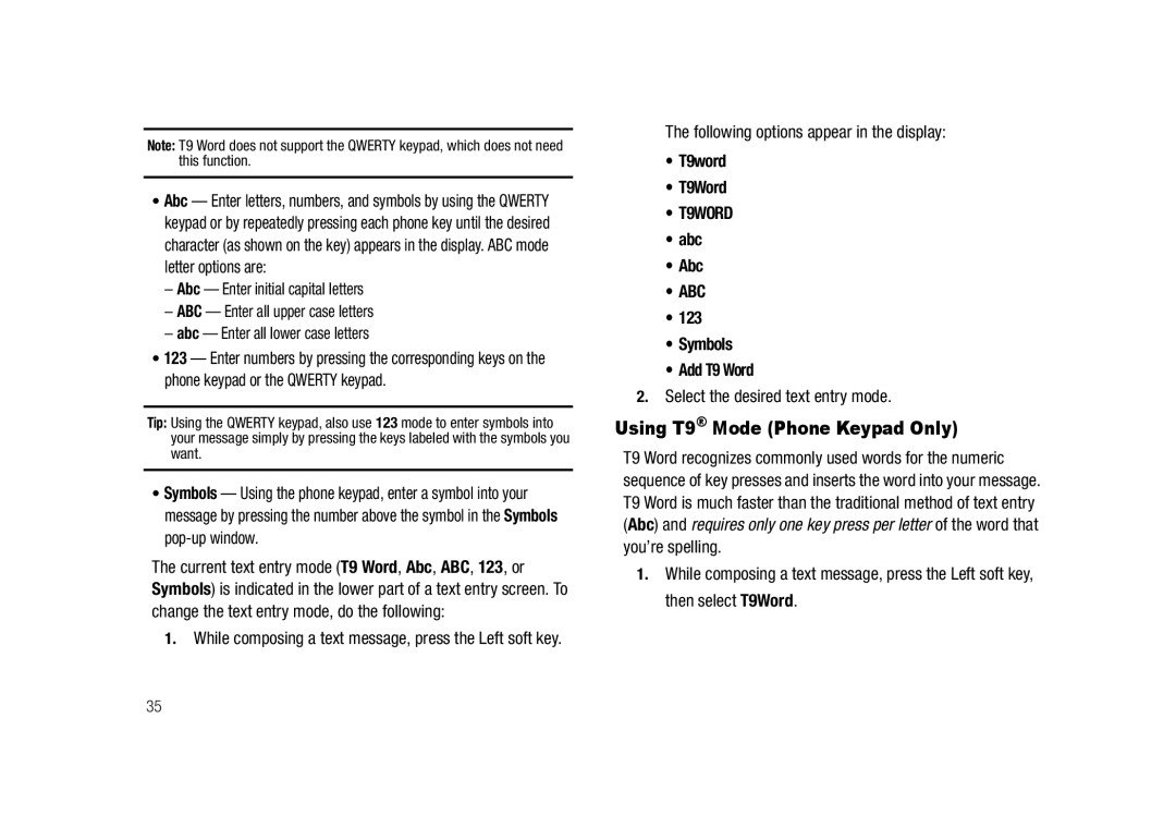 Samsung GH68-23718A user manual Using T9 Mode Phone Keypad Only, T9word T9Word, Abc, Symbols Add T9 Word 