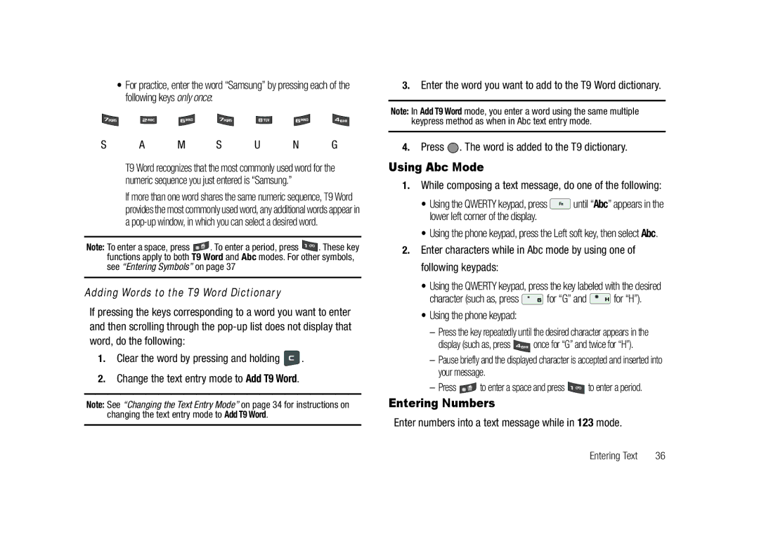 Samsung GH68-23718A user manual Using Abc Mode, Entering Numbers, Adding Words to the T9 Word Dictionary 