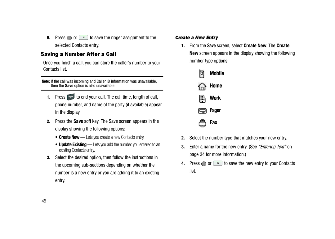 Samsung GH68-23718A user manual Saving a Number After a Call, Display, Create a New Entry 