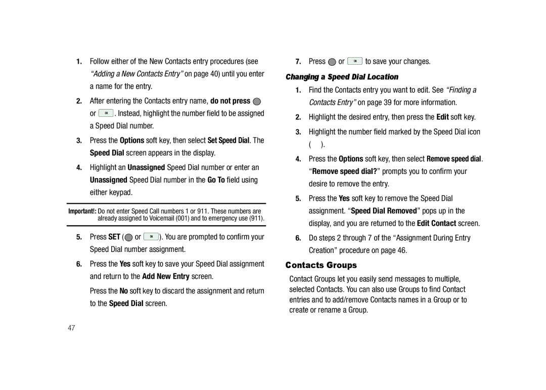 Samsung GH68-23718A user manual Contacts Groups, Changing a Speed Dial Location 