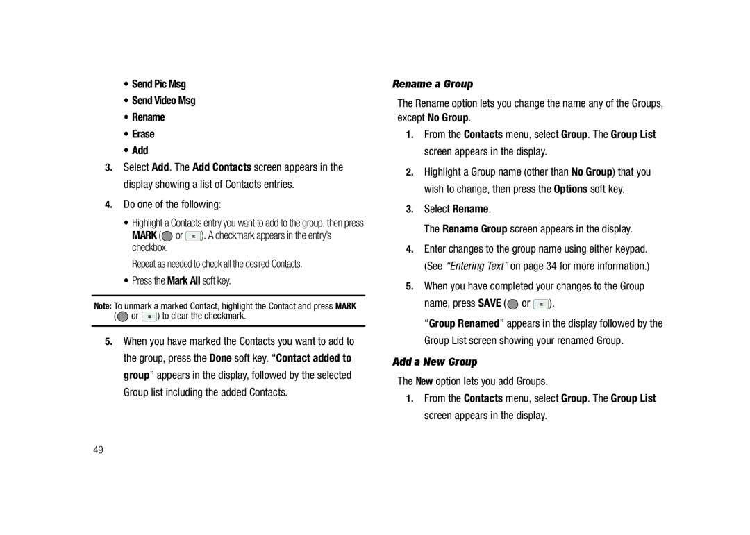 Samsung GH68-23718A user manual Send Pic Msg Send Video Msg Rename Erase Add, Rename a Group, Add a New Group 