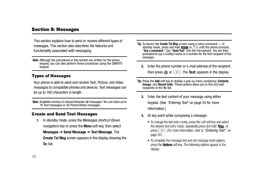 Samsung GH68-23718A user manual Types of Messages, Create and Send Text Messages 