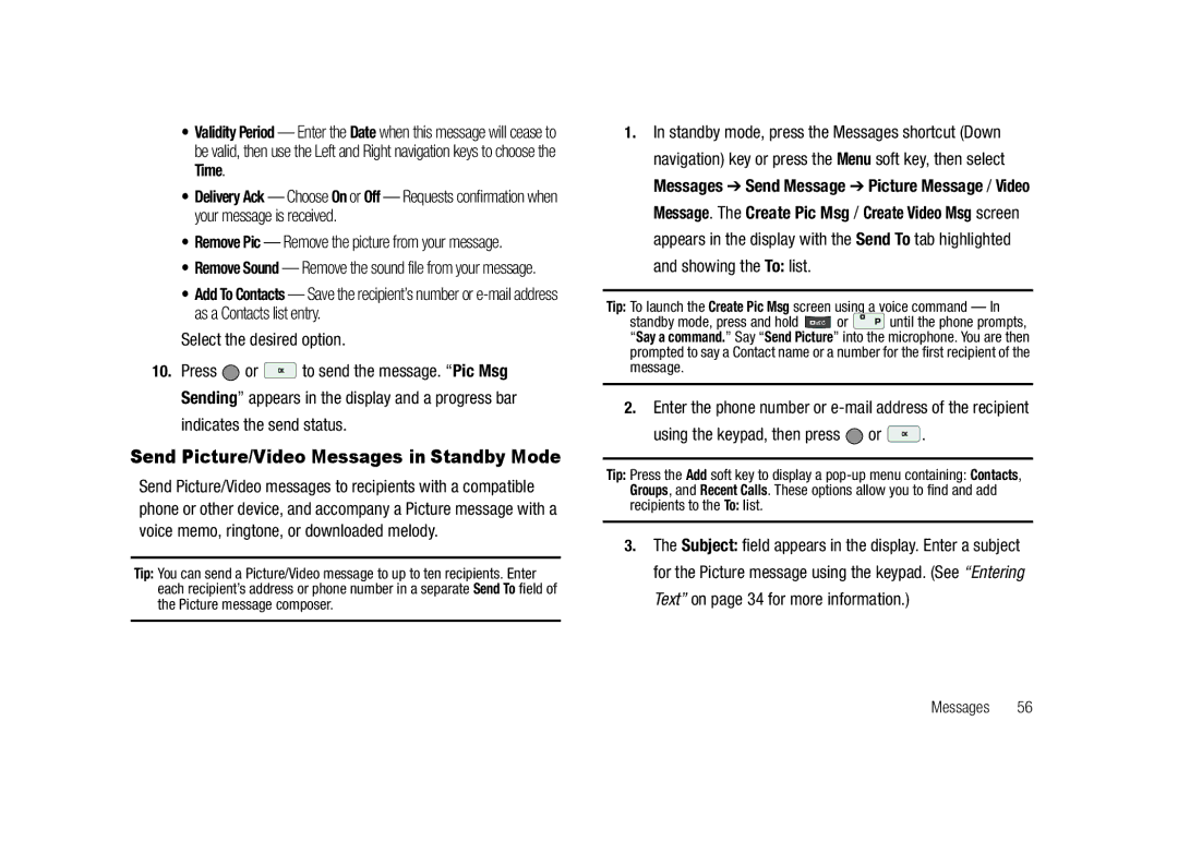 Samsung GH68-23718A user manual Send Picture/Video Messages in Standby Mode, Using the keypad, then press or 