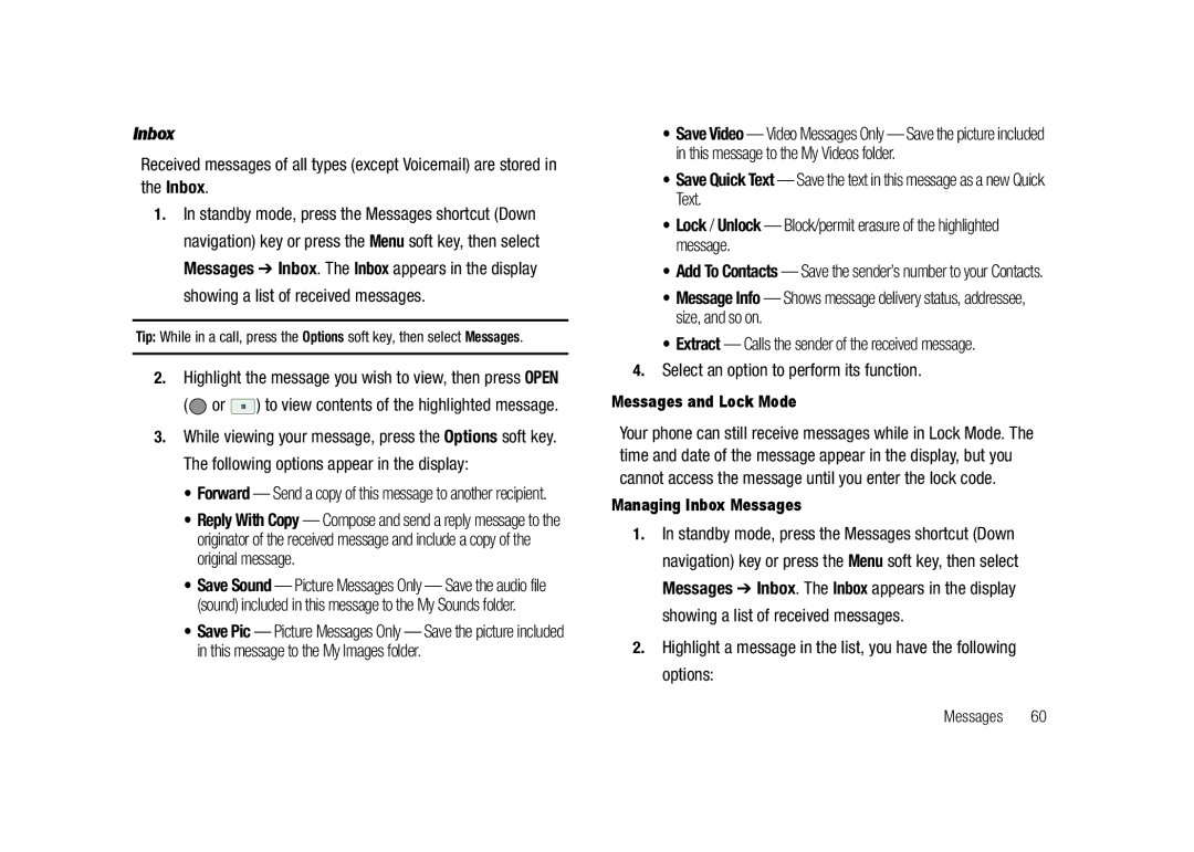 Samsung GH68-23718A user manual Inbox, Extract Calls the sender of the received message, Messages and Lock Mode 