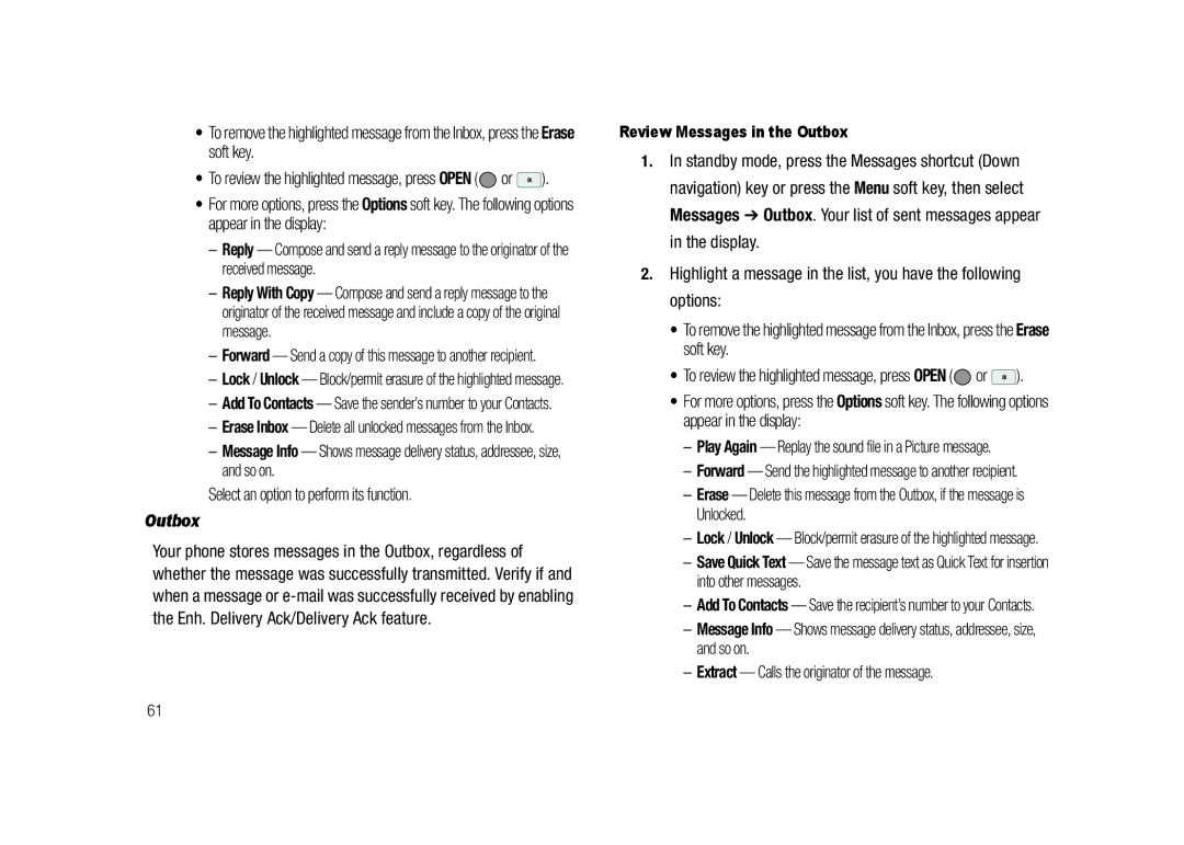 Samsung GH68-23718A user manual Extract Calls the originator of the message, Review Messages in the Outbox 