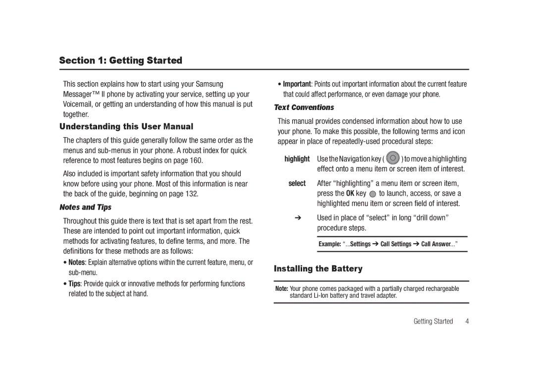 Samsung GH68-23718A user manual Getting Started, Installing the Battery, Text Conventions 