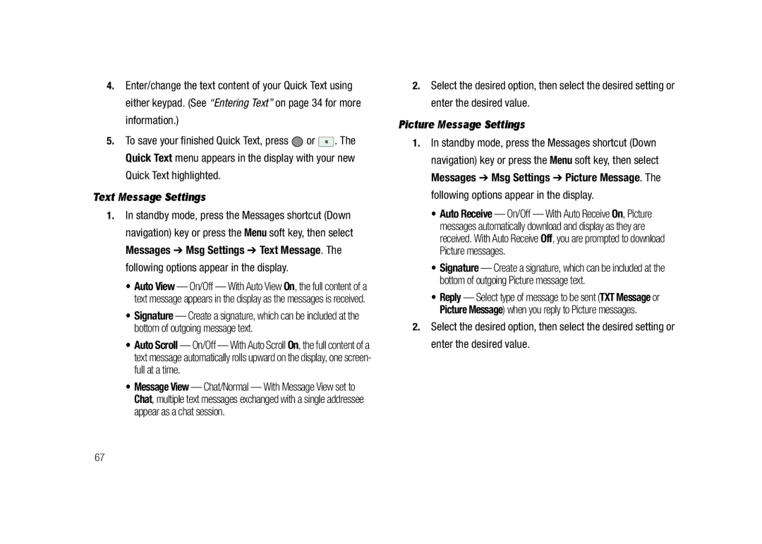 Samsung GH68-23718A user manual Text Message Settings, Picture Message Settings 