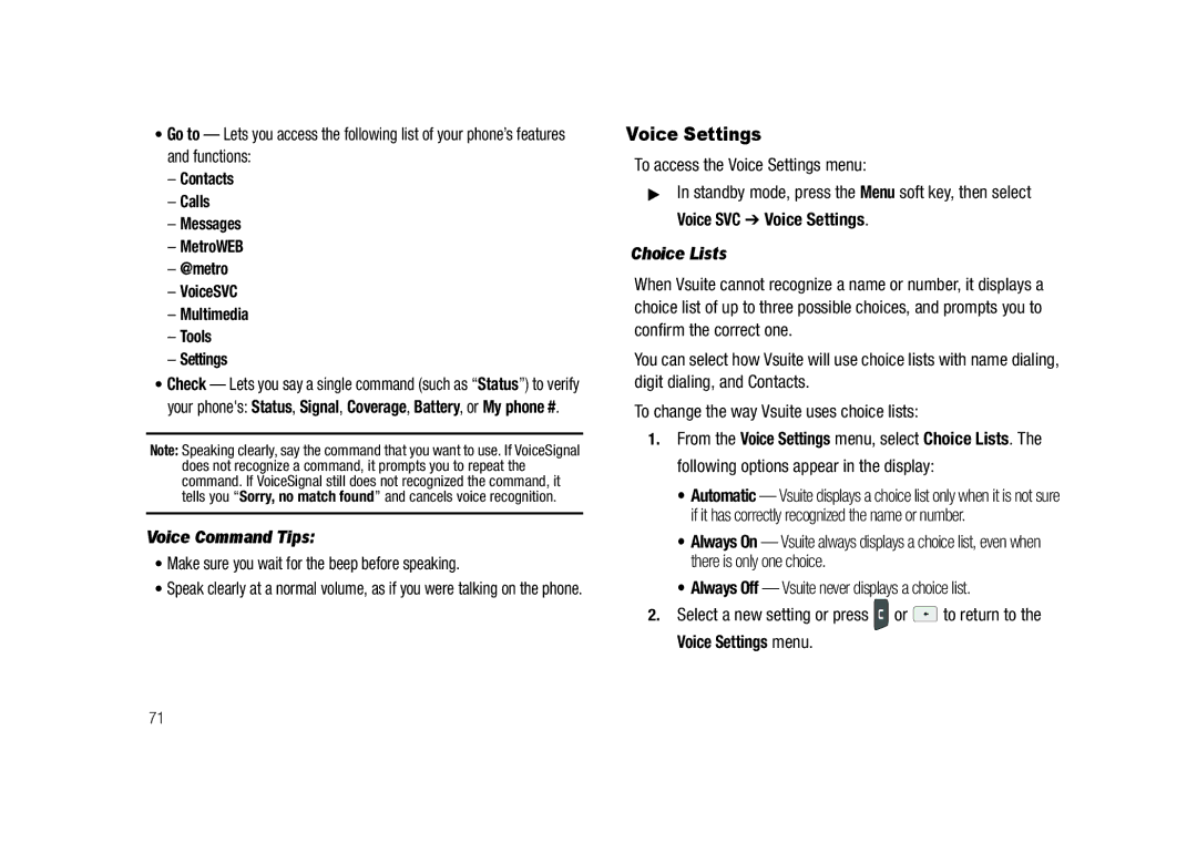 Samsung GH68-23718A Voice Settings, Voice Command Tips, Make sure you wait for the beep before speaking, Choice Lists 