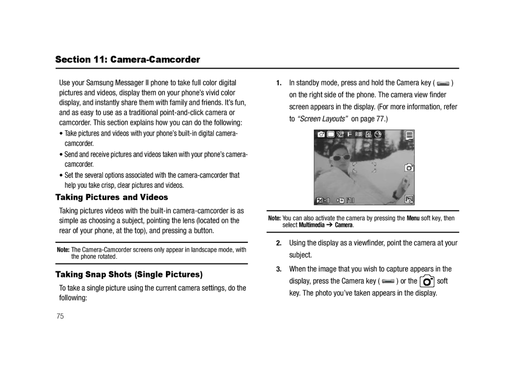 Samsung GH68-23718A user manual Camera-Camcorder, Taking Pictures and Videos, Taking Snap Shots Single Pictures 