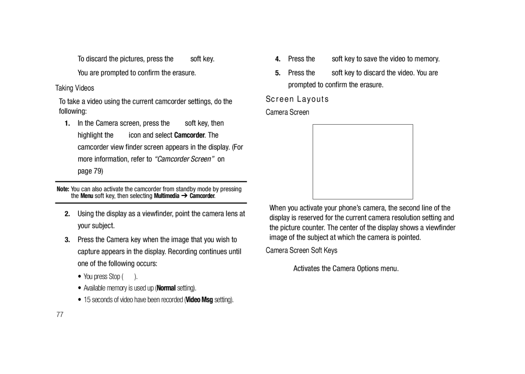 Samsung GH68-23718A user manual Screen Layouts, Taking Videos, Camera Screen Soft Keys 