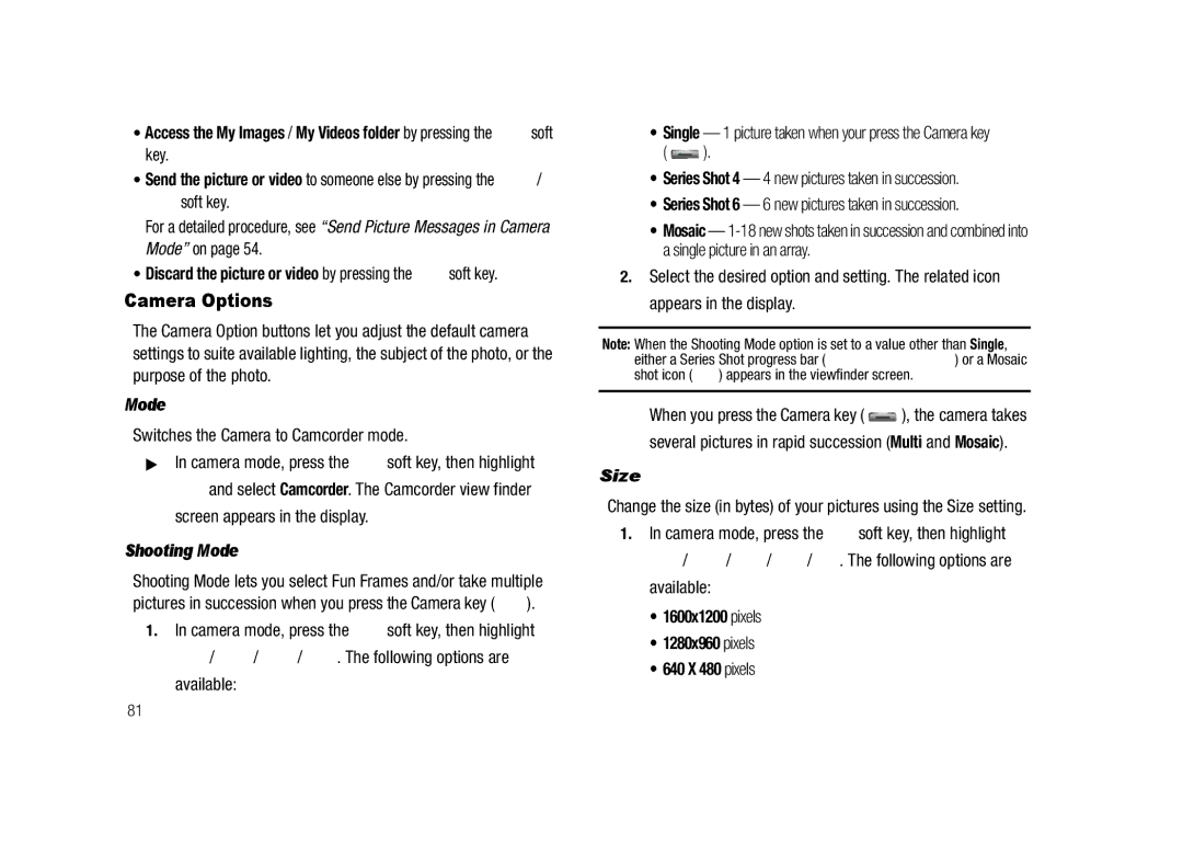 Samsung GH68-23718A user manual Camera Options, Shooting Mode, Size, 1600x1200 pixels 1280x960 pixels 640 X 480 pixels 